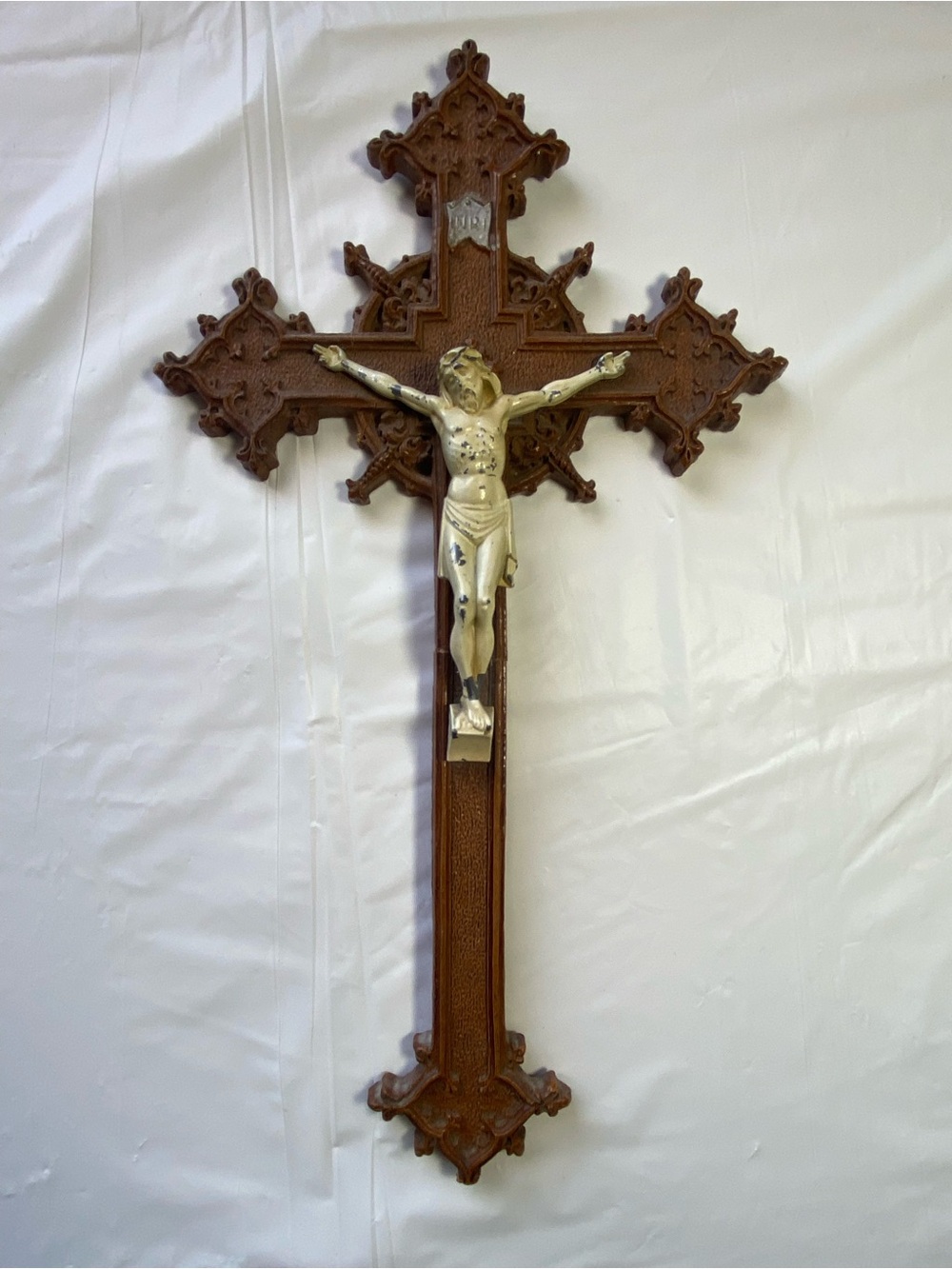 Vintage Gothic Wood & Resin Crucifix J C Overbaugh Chicago Religious Art